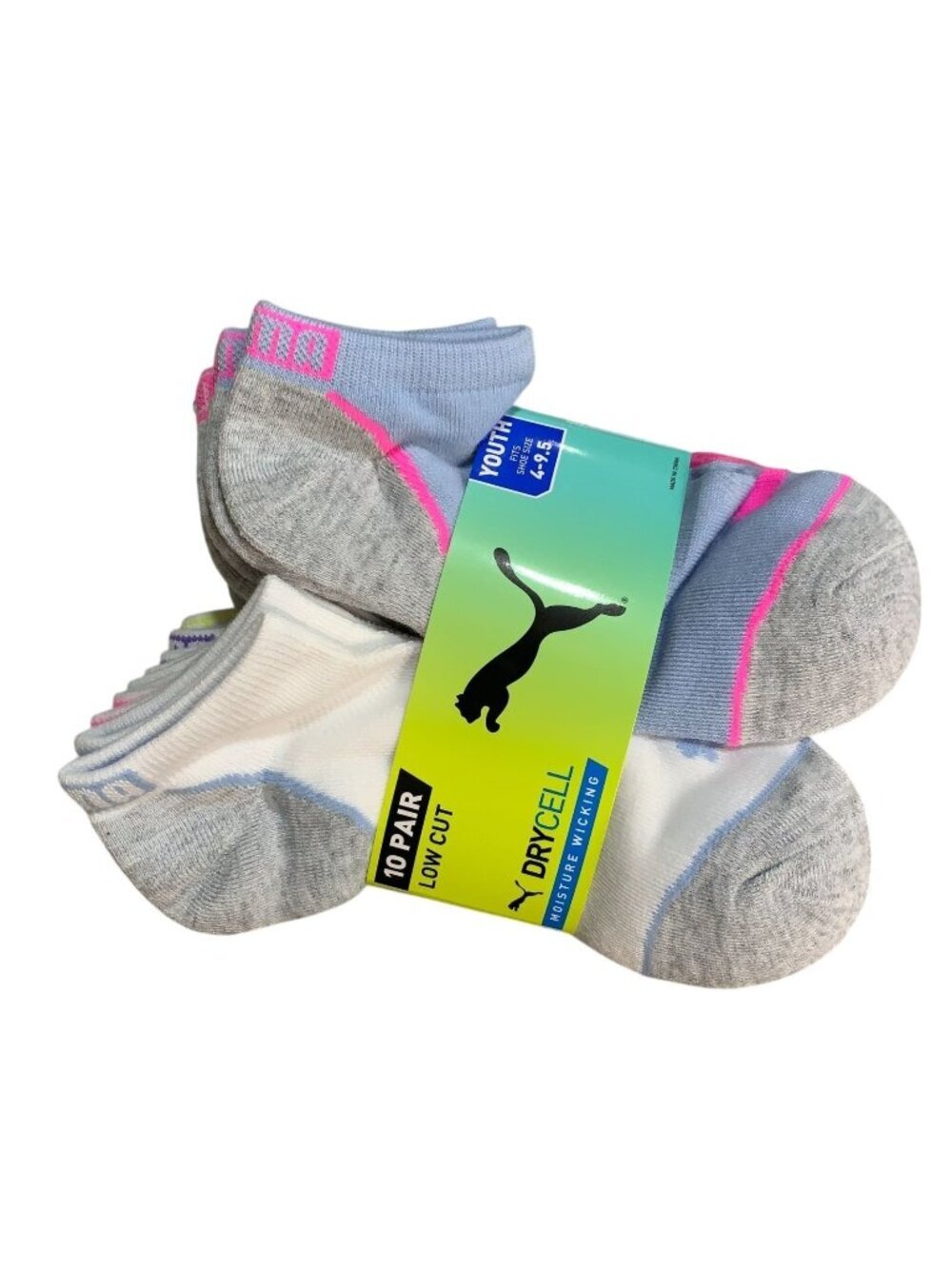 NWT Puma Youth 10-Pack Low-Cut Moisture-Wicking Socks Shoe Size 4-9.5